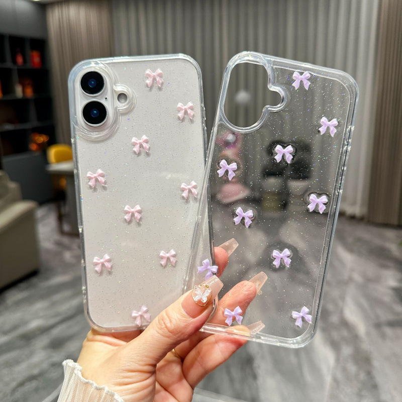 Új, csillámos, kis masnis telefontok Apple 16 iPhone 17 Pro 14 Pro Max készülékhez, átlátszó, gyantával