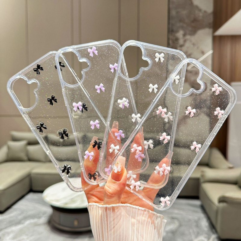 Jauns mirdzošs maza bantītes telefona maciņš, kas piemērots Apple 16 iPhone 17 Pro 14 Pro Max, caurspīdīgs ar sveķiem