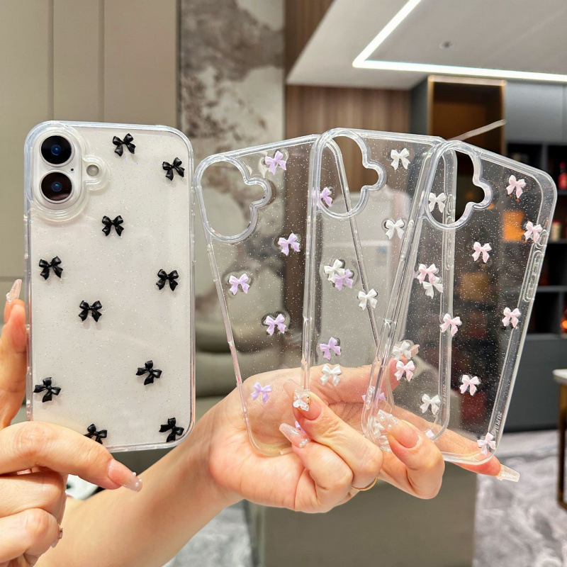 Jauns mirdzošs maza bantītes telefona maciņš, kas piemērots Apple 16 iPhone 17 Pro 14 Pro Max, caurspīdīgs ar sveķiem