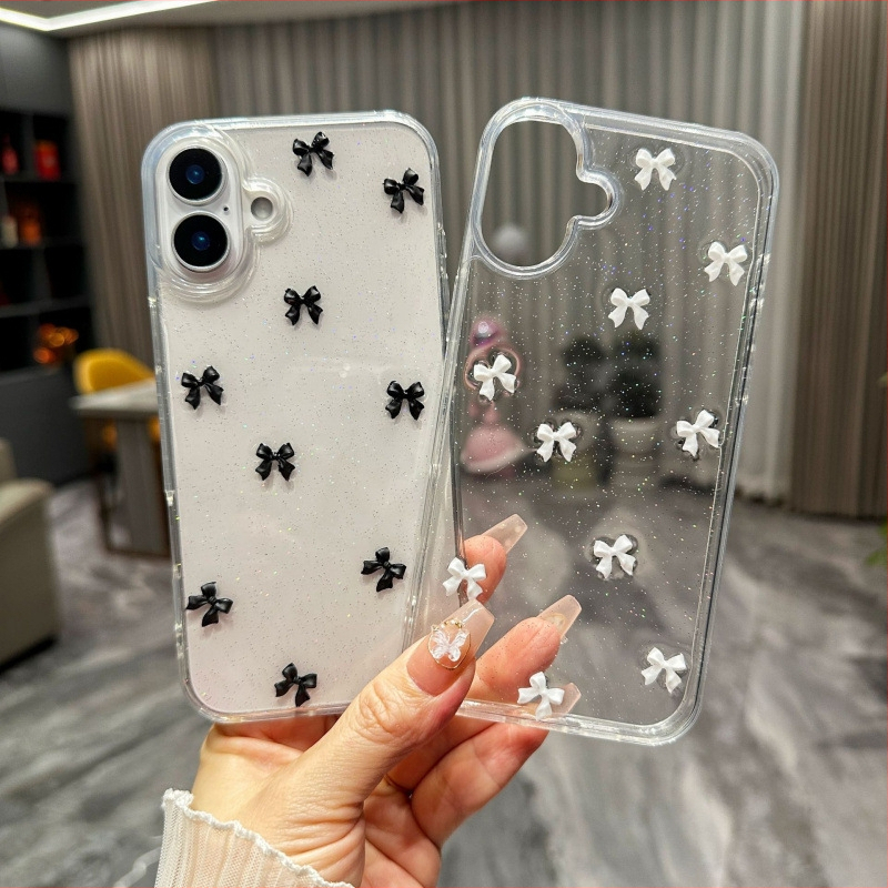 Нов брокат, калъф за телефон с малка панделка, подходящ за Apple 16, iPhone 17 Pro 14 Pro Max, прозрачен със смола