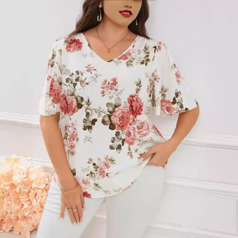 Amazon Summer Explosions - Tricou cu mânecă scurtă, stil casual, mărime mare, guler plat, model aripă de liliac
