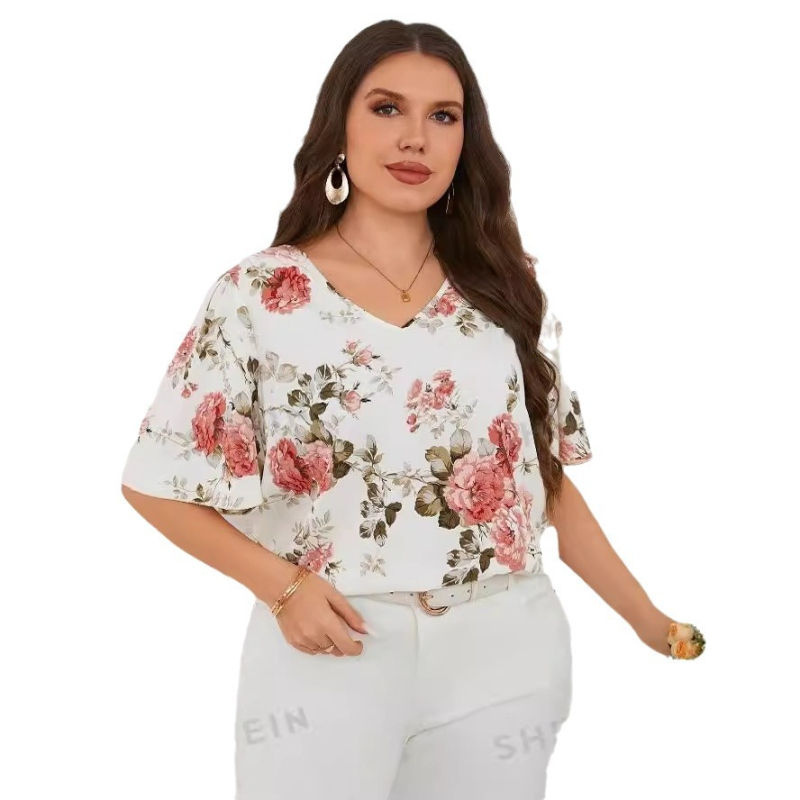 „Amazon Summer Explosions“ didelių dydžių laisvalaikio stiliaus viršutiniai marškinėliai trumpomis rankovėmis, plokščia baržos apykakle, šikšnosparnio sparno rankovėmis