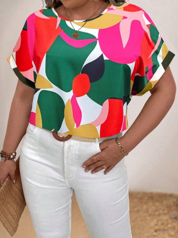 Europietiški ir amerikietiški plius dydžio moteriški drabužiai, 2024 m. naujas rudens stiliaus „Amazon Aliexpress“ apvalios kaklo iškirptės, trumpomis rankovėmis marginti grybo formos sagų marškinėliai.