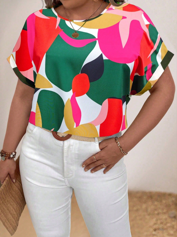 Europietiški ir amerikietiški plius dydžio moteriški drabužiai, 2024 m. naujas rudens stiliaus „Amazon Aliexpress“ apvalios kaklo iškirptės, trumpomis rankovėmis marginti grybo formos sagų marškinėliai.