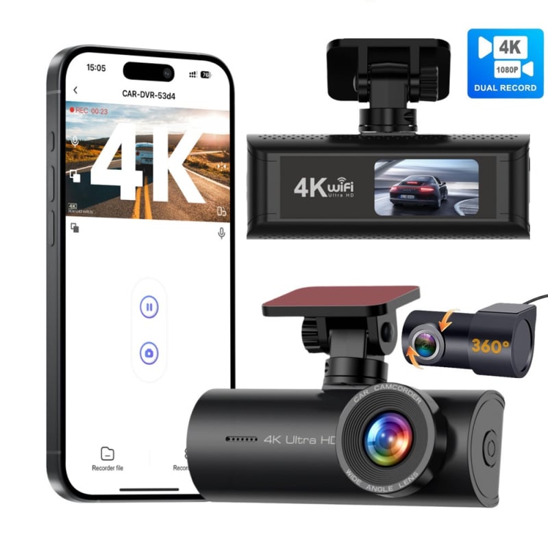 Înregistrator de condus 4K transfrontalier cu conectivitate la telefon mobil, lentile duble, urmărire GPS, Wi-Fi față și spate, DVR, monitorizare inteligentă a parcării