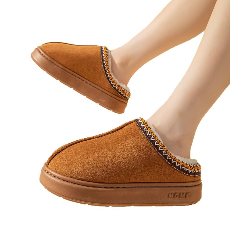 2024 Διασυνοριακές Νέες Παντόφλες Σπιτιού από Απομίμηση Δέρματος Ελαφιού με Χοντρό Σόλα, Αντιολισθητικές, Ελαφριές, Ζεστές Βαμβακερές Παντόφλες για Γυναίκες