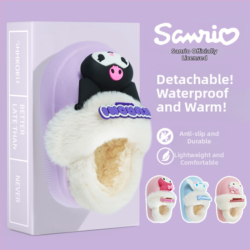 Sanrio papuci de casă din bumbac pentru fete și băieți, iarnă, drăguț, cu desene animate, pantofi de pluș din bumbac, căptușeală detașabilă din bumbac