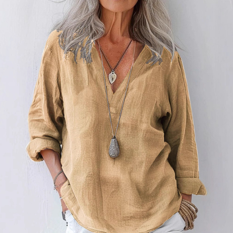 Пролетно-лятна 2025 Independent Station, ежедневна, свободна, с дълъг ръкав, памучна и ленена, едноцветна, ретро яка