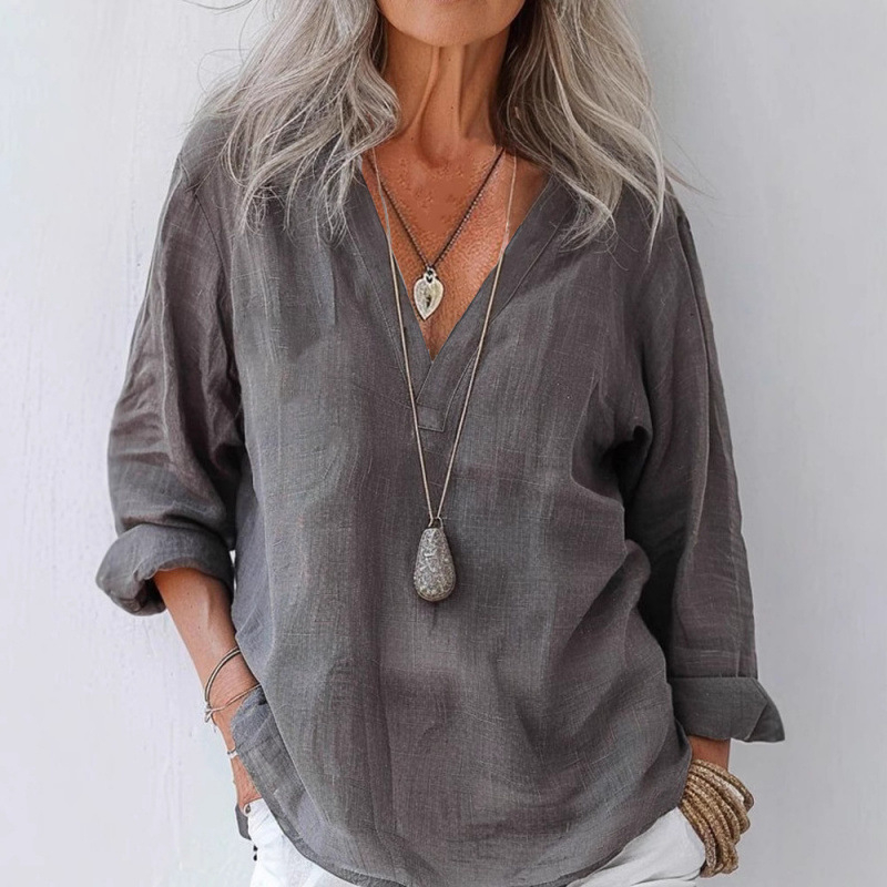 Пролетно-лятна 2025 Independent Station, ежедневна, свободна, с дълъг ръкав, памучна и ленена, едноцветна, ретро яка