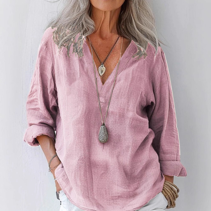 Пролетно-лятна 2025 Independent Station, ежедневна, свободна, с дълъг ръкав, памучна и ленена, едноцветна, ретро яка