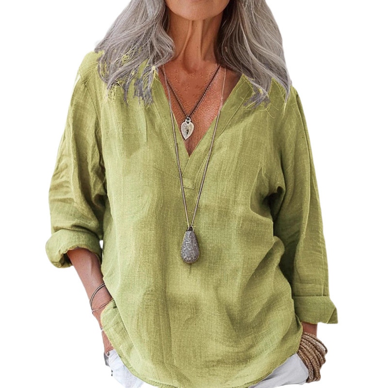 Пролетно-лятна 2025 Independent Station, ежедневна, свободна, с дълъг ръкав, памучна и ленена, едноцветна, ретро яка