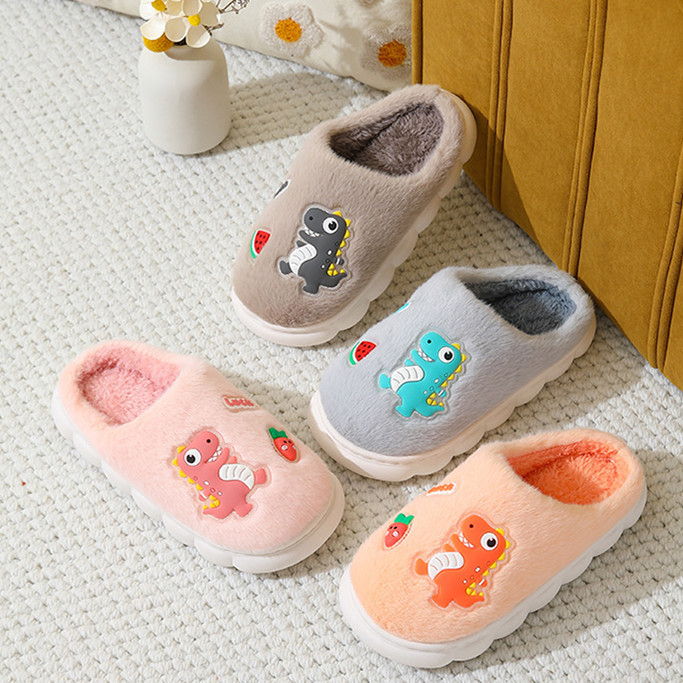 Bērnu kokvilnas apavi 2024. gada ziemai, jauni, jauki multfilmu dinozauru attēli, ar vilnas oderi, biezas, siltas, neslīdošas, vilnas, plīša, kokvilnas čības