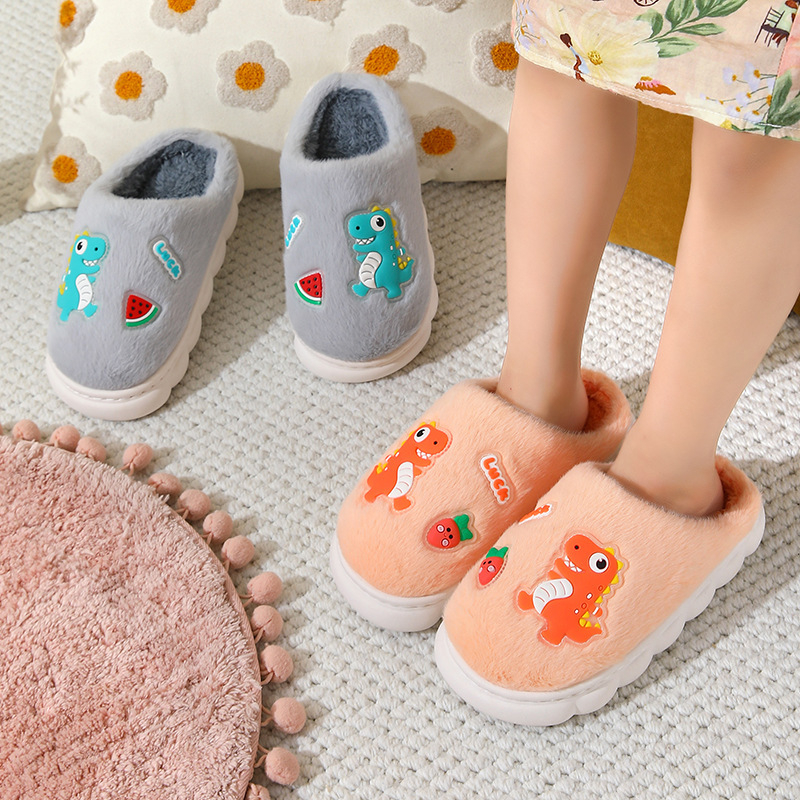 Bērnu kokvilnas apavi 2024. gada ziemai, jauni, jauki multfilmu dinozauru attēli, ar vilnas oderi, biezas, siltas, neslīdošas, vilnas, plīša, kokvilnas čības