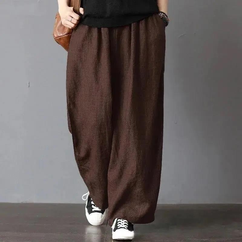 Пролетни и есенни ежедневни панталони за татко и мама, памучни и ленени, ретро дзен памучни, едноцветни, артистични, широки панталони, големи размери за едри мъже
