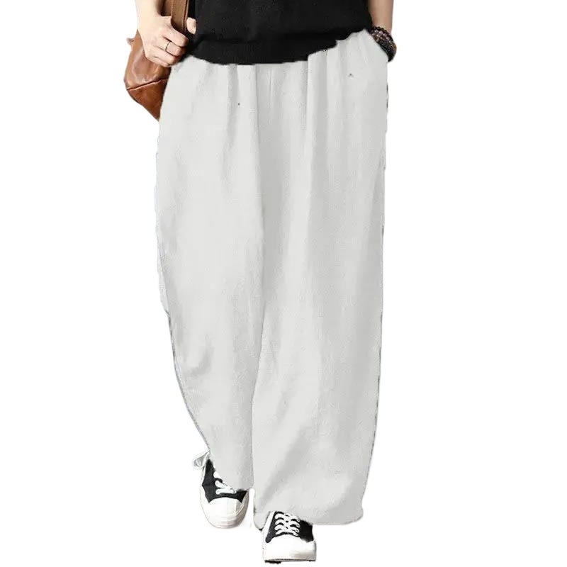 Пролетни и есенни ежедневни панталони за татко и мама, памучни и ленени, ретро дзен памучни, едноцветни, артистични, широки панталони, големи размери за едри мъже