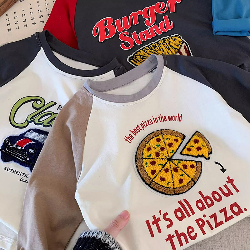 Памучна детска тениска с дълъг ръкав, топ 2025, нова контрастна карикатура, стерео бродерия, декоративна базова риза, пролет и есен