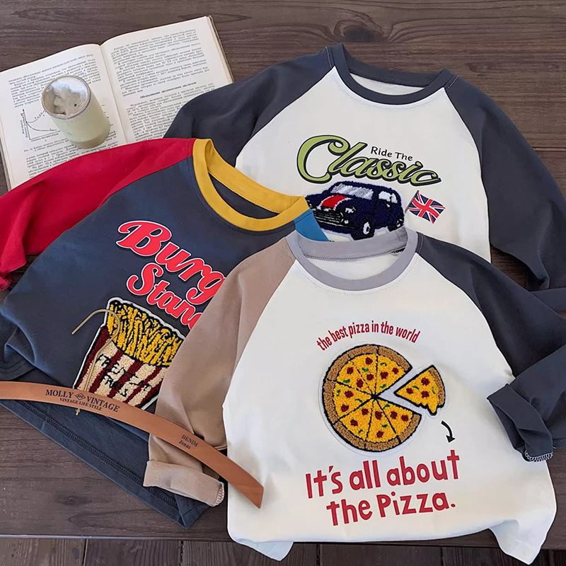 Памучна детска тениска с дълъг ръкав, топ 2025, нова контрастна карикатура, стерео бродерия, декоративна базова риза, пролет и есен
