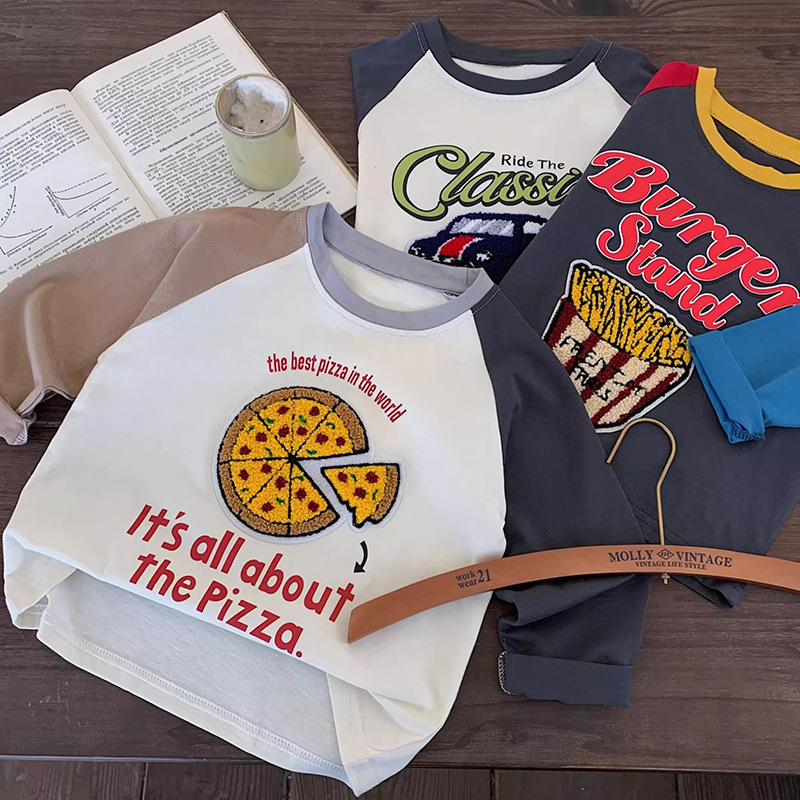 Памучна детска тениска с дълъг ръкав, топ 2025, нова контрастна карикатура, стерео бродерия, декоративна базова риза, пролет и есен