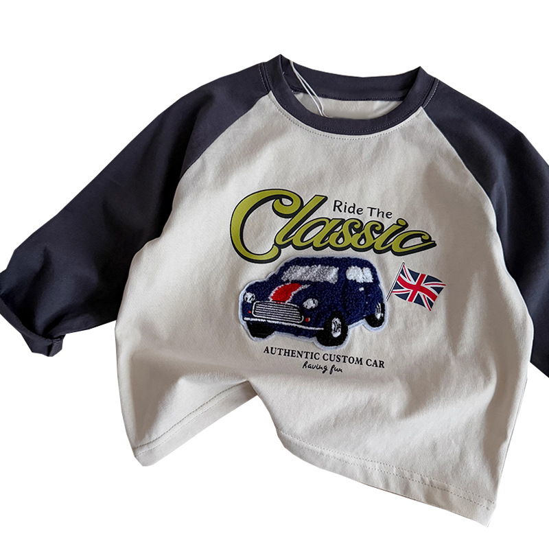 Памучна детска тениска с дълъг ръкав, топ 2025, нова контрастна карикатура, стерео бродерия, декоративна базова риза, пролет и есен