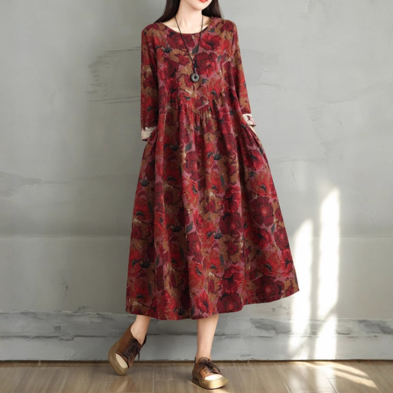 Real Shot jauna, vintage kokvilnas un lina apdrukas, apaļa kakla, sieviešu brīva, eleganta, pieguļoša, moderna A-līnijas kleita ar garām piedurknēm