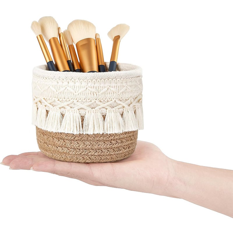 Coș de depozitare rotund țesut cu ciucuri, cel mai bine vândut de pe Amazon, pentru birou, cosmetice, machiaj, pensule, cutie de depozitare