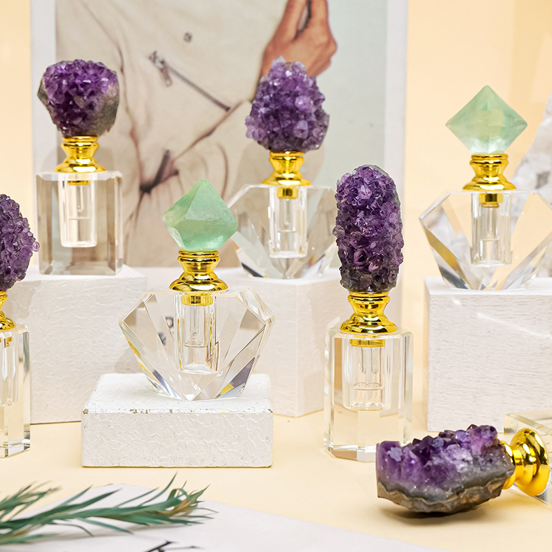 Натурален аметист клъстер ароматерапия етерично масло бутилка флуорит суров камък етерично масло капкомер бутилирана парфюм бутилка подарък за момичета