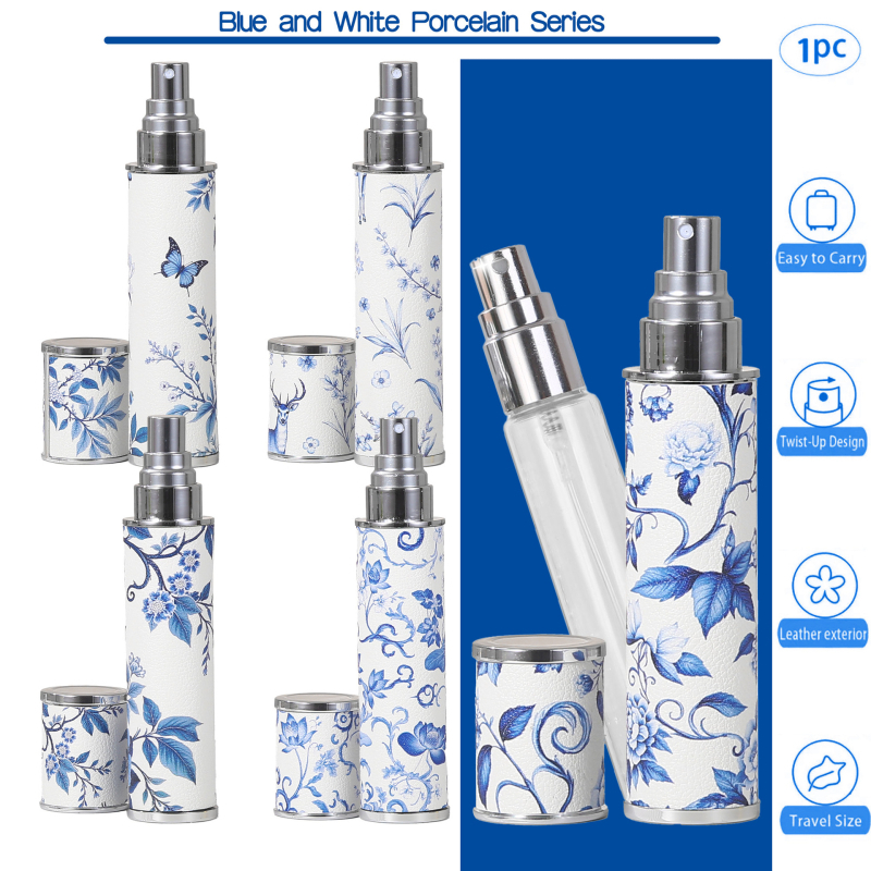 10 ml ėriuko odos kiniško stiliaus mėlynos ir baltos spalvos porceliano odos stiklinis kvepalų buteliukas su spauda, aukštos klasės nešiojamas kelioninis purškimo buteliukas