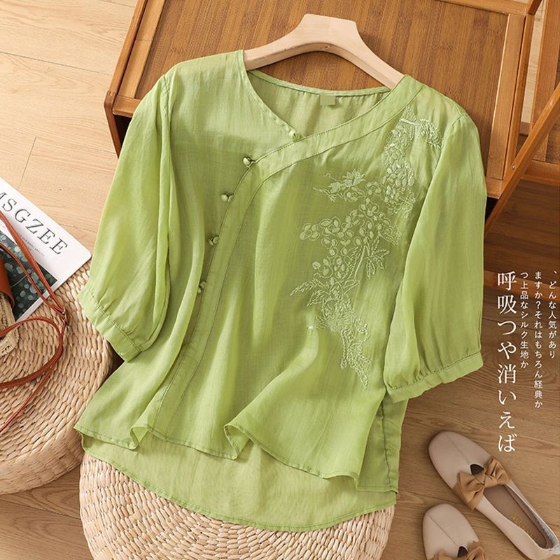 Лилава риза с къс ръкав от памук и лен, за жени, стройна на вид, пълничка, покриваща коремче, широка, големи размери, памучно-ленена риза с катарама за майки, лято