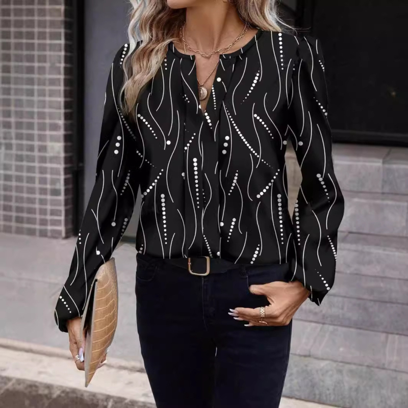 Ποιοτικό Ευρωπαϊκό και Αμερικανικό Γυναικείο Πουκάμισο με V-λαιμόκοψη και Μακρυμάνικο Στάμπα για το Φθινόπωρο και τον Χειμώνα του 2024, Νέας Μόδας, Amazon