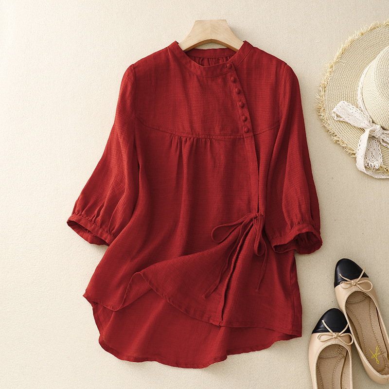 Νέα γυναικεία ρούχα γαλλικού στιλ 2025 με φαρδιά εφαρμογή, αίσθηση υψηλής ποιότητας, τοπ που καλύπτει την κοιλιά και αδυνατίζει, φουσκωτά μανίκια, βαμβακερό και λινό πουκάμισο για το καλοκαίρι