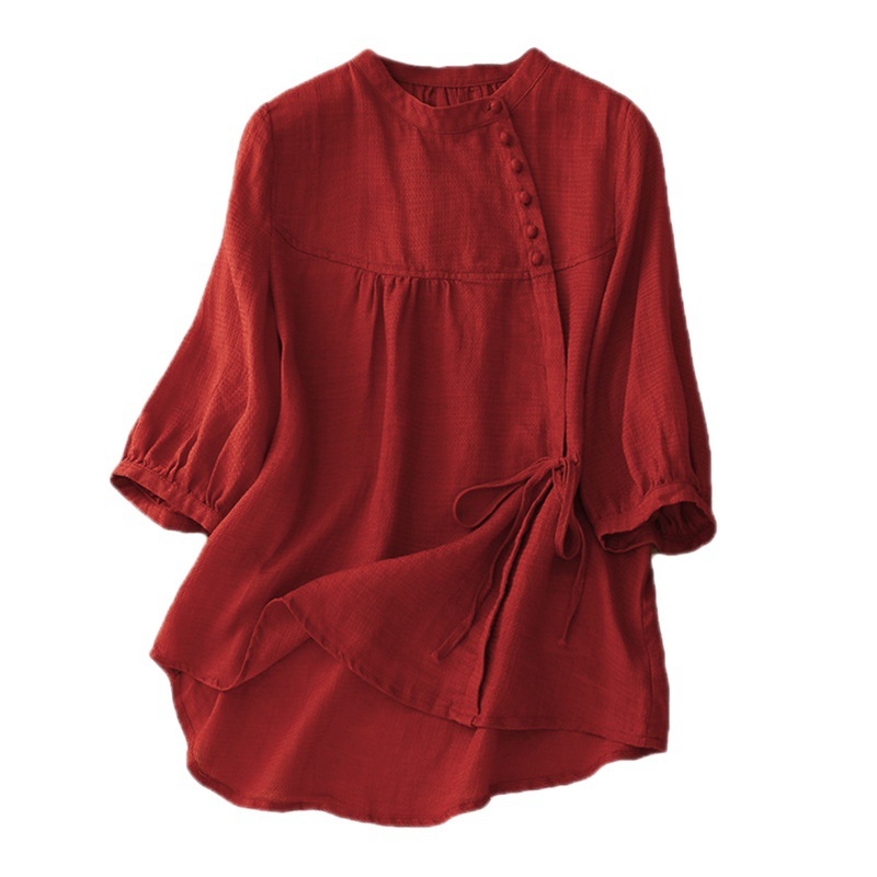 Νέα γυναικεία ρούχα γαλλικού στιλ 2025 με φαρδιά εφαρμογή, αίσθηση υψηλής ποιότητας, τοπ που καλύπτει την κοιλιά και αδυνατίζει, φουσκωτά μανίκια, βαμβακερό και λινό πουκάμισο για το καλοκαίρι