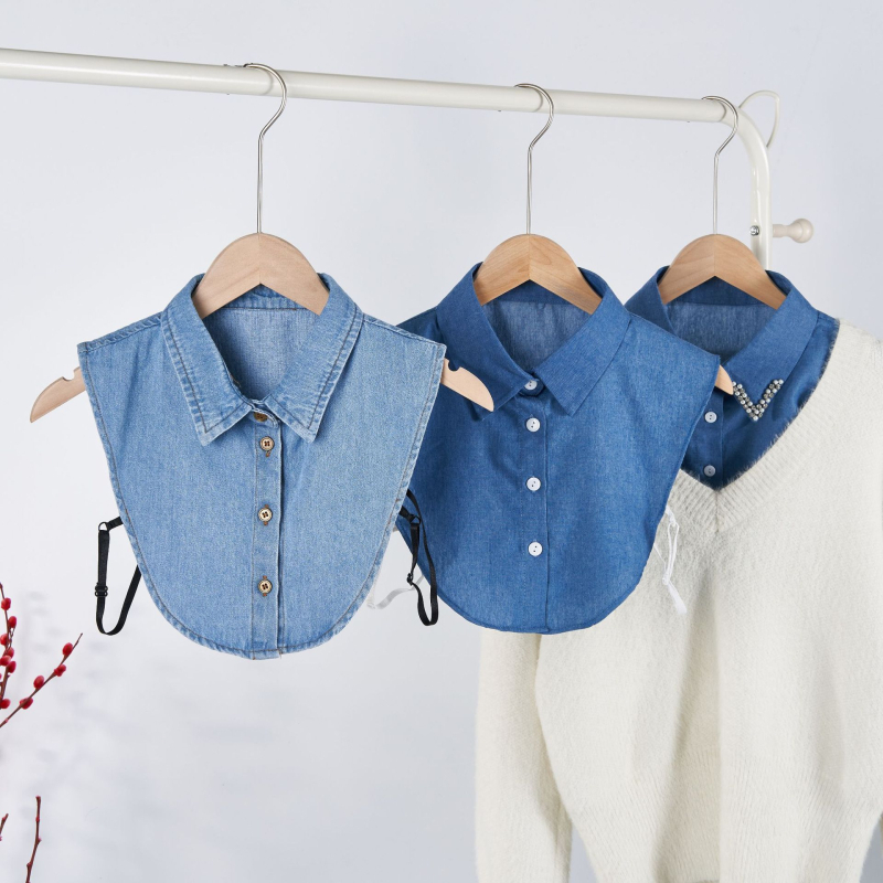 Korejiešu stila klasiska tīras kokvilnas džinsa viltus apkakle unisex apkakle vīriešiem un sievietēm, vienkārša mazgāta nagu lodīšu viltus apkakle noliktavā