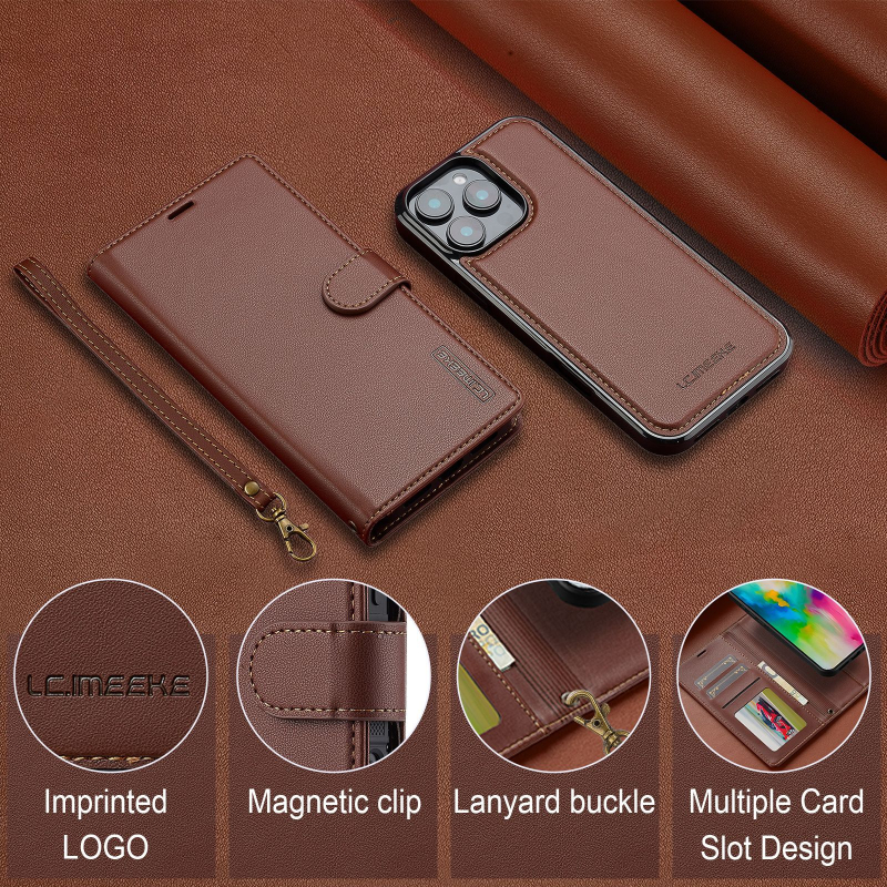 Sobib iPhone 17 Pro Maxile, magnetilisele 15 Plus kaitseümbrisele, 16 Apple`i telefoni nahkümbrisele, klapiga ja eemaldatava kaelarihmaga.