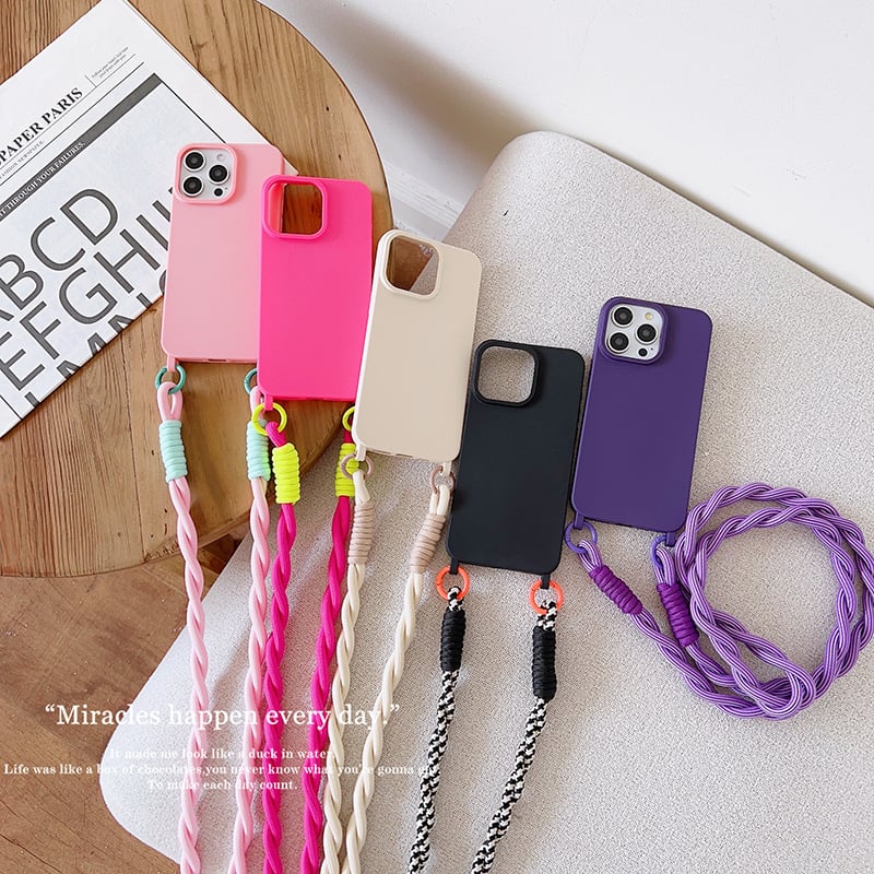 Carcasă de telefon simplă, în culoare solidă, pentru Apple Phone15pro/14pro, cu șnur de răsucire crossbody