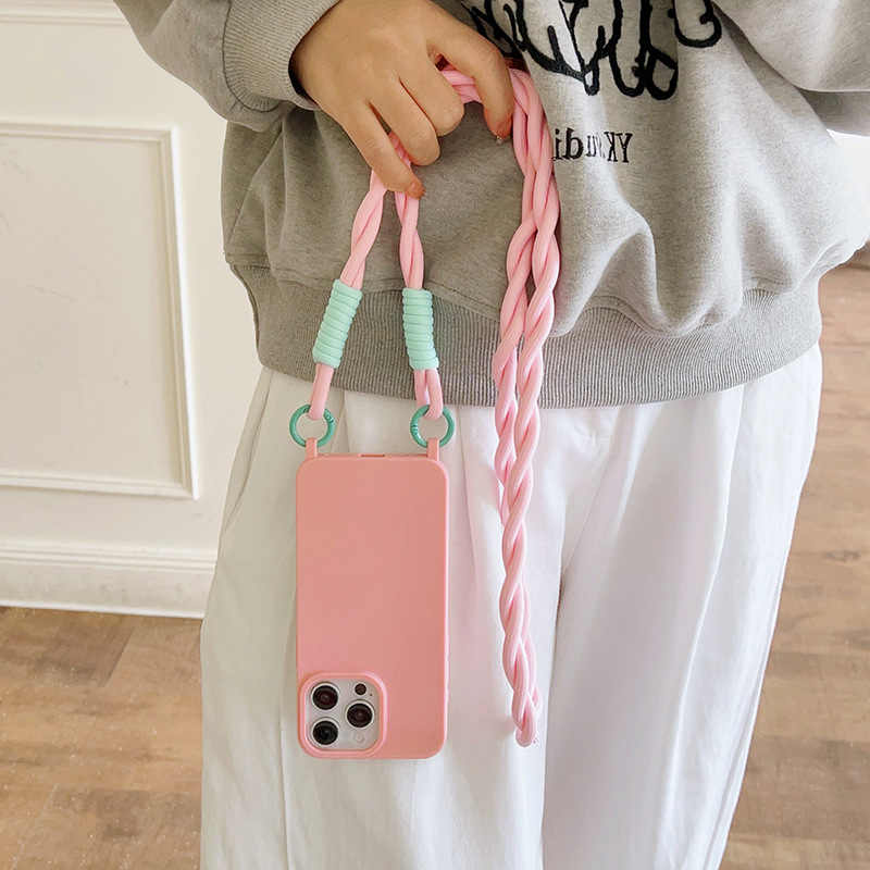 Απλή θήκη τηλεφώνου μονόχρωμη για Apple Phone15pro/14pro με προστατευτική θήκη και κορδόνι που τραβάει χιαστί