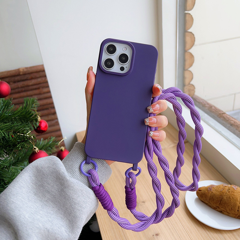 Lihtne ühevärviline telefoniümbris Apple Phone 15pro/14pro kaitseümbrisele koos keerdnööriga risti asetseva kaelarihmaga