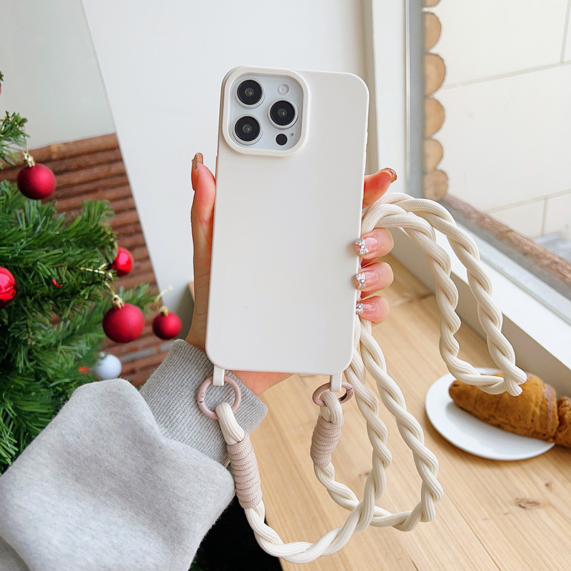 Lihtne ühevärviline telefoniümbris Apple Phone 15pro/14pro kaitseümbrisele koos keerdnööriga risti asetseva kaelarihmaga