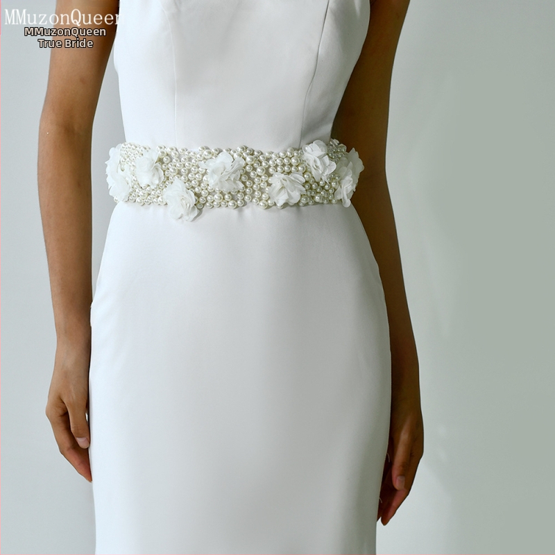 Manzhen moteriška perlų diržo madinga suknelė su dekoratyviniu nėrinių diržu, madinga suknelė su perlų juosmens grandinėle M122