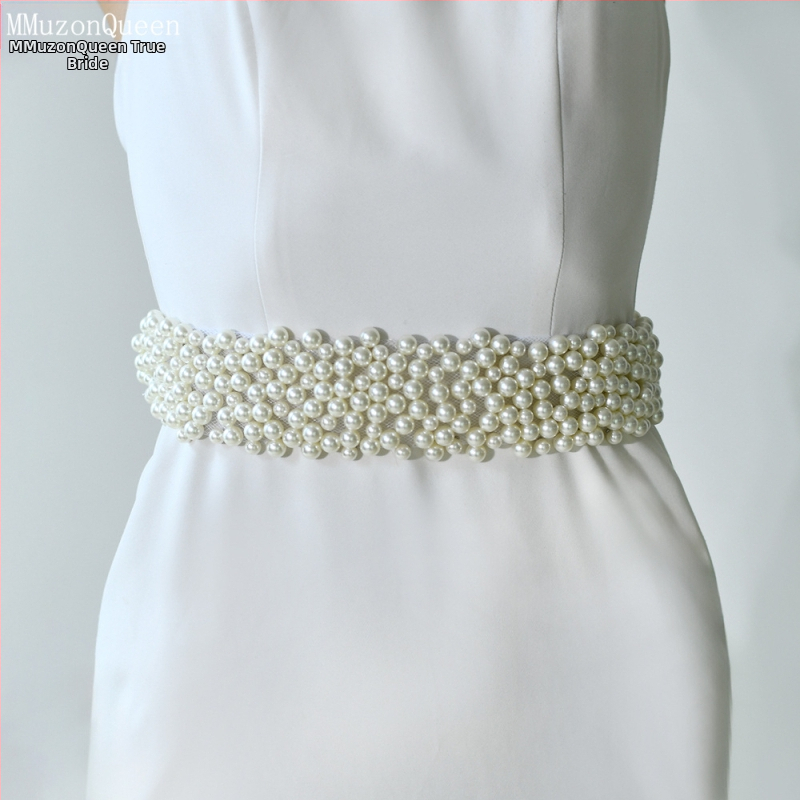 Manzhen moteriška perlų diržo madinga suknelė su dekoratyviniu nėrinių diržu, madinga suknelė su perlų juosmens grandinėle M122