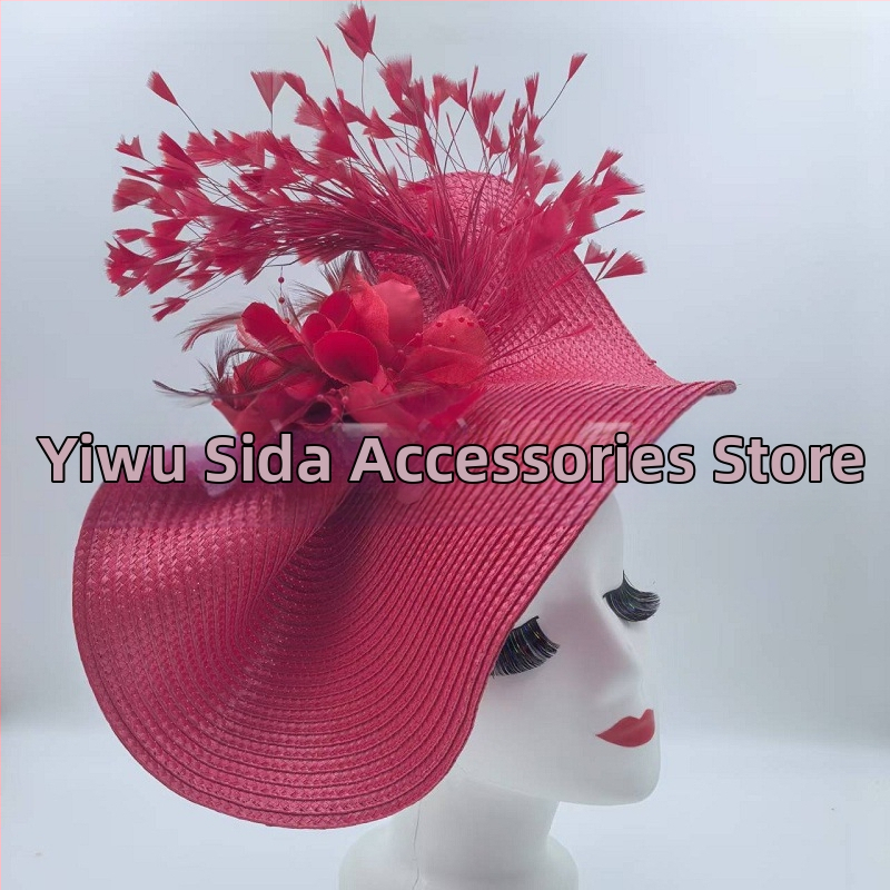 Amazon Горещо продавана европейска и американска цилиндър шапка преувеличена цветна сламена шапка с пера Темперамент на знаменитости за конни надбягвания Фестивал Булчинска лента за глава