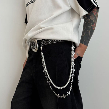 Eiropas un Amerikas pārrobežu rotaslietas Ins Fashion Street mākslīgo pērļu pērlīšu vidukļa rotaslietas pankroka stilā ar krustdūrienu bikšu ķēdīti