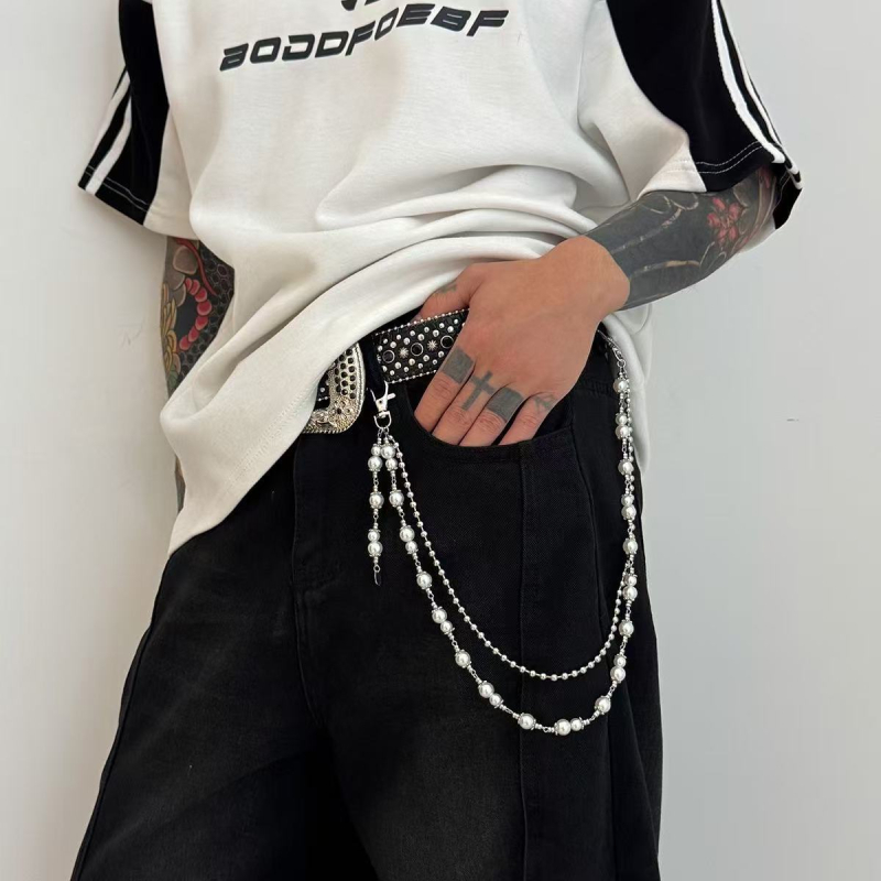 Eiropas un Amerikas pārrobežu rotaslietas Ins Fashion Street mākslīgo pērļu pērlīšu vidukļa rotaslietas pankroka stilā ar krustdūrienu bikšu ķēdīti