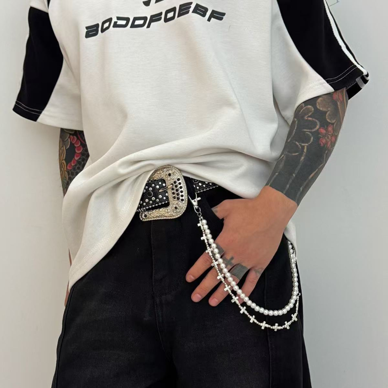 Eiropas un Amerikas pārrobežu rotaslietas Ins Fashion Street mākslīgo pērļu pērlīšu vidukļa rotaslietas pankroka stilā ar krustdūrienu bikšu ķēdīti
