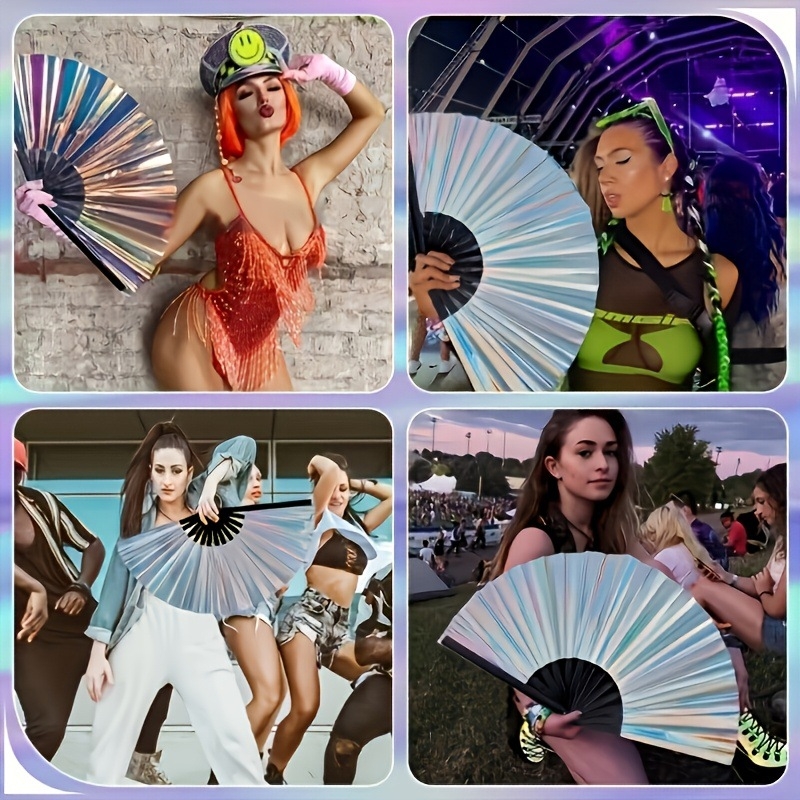 Muzikos festivalio karšto pardavimo sidabro PVC holografinė atspindinti plėvelė, bambuko kaulo 33 cm kung fu vėduoklė, didmeninė prekyba