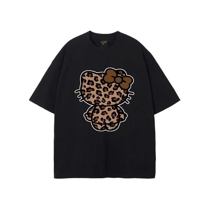 Ameerika stiilis trendikas brändi tänavale mõeldud leoparditrükiga Hellokitty trükiga puhtast puuvillast lühikeste varrukatega T-särk unisex tänavale mõeldud lahtise lõikega paaridele mõeldud T-särk