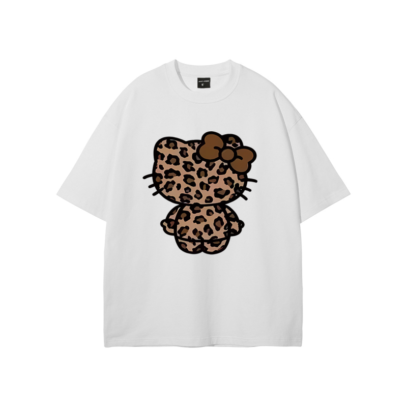 Ameerika stiilis trendikas brändi tänavale mõeldud leoparditrükiga Hellokitty trükiga puhtast puuvillast lühikeste varrukatega T-särk unisex tänavale mõeldud lahtise lõikega paaridele mõeldud T-särk