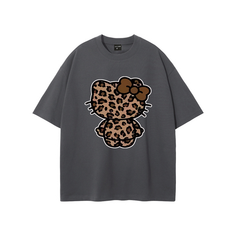 Ameerika stiilis trendikas brändi tänavale mõeldud leoparditrükiga Hellokitty trükiga puhtast puuvillast lühikeste varrukatega T-särk unisex tänavale mõeldud lahtise lõikega paaridele mõeldud T-särk