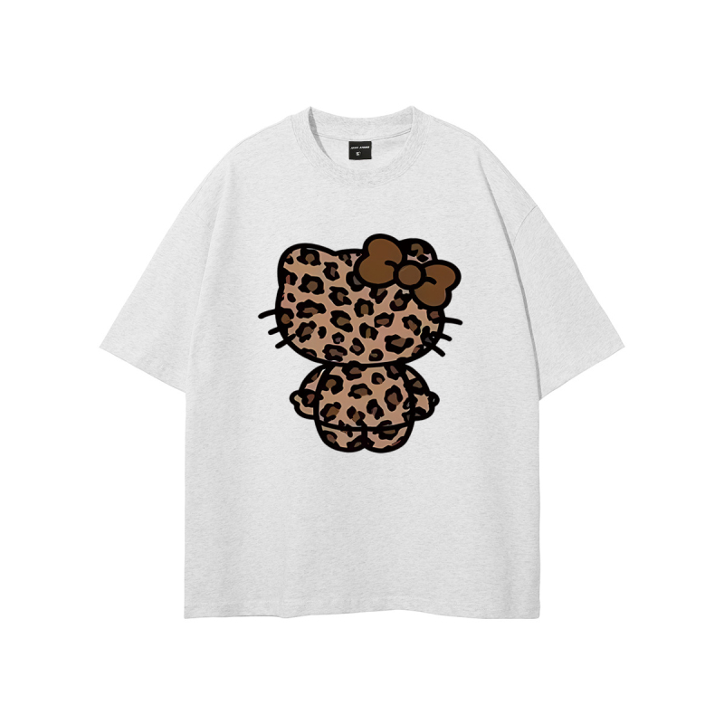Ameerika stiilis trendikas brändi tänavale mõeldud leoparditrükiga Hellokitty trükiga puhtast puuvillast lühikeste varrukatega T-särk unisex tänavale mõeldud lahtise lõikega paaridele mõeldud T-särk