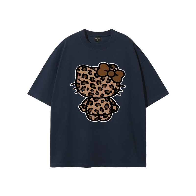 Ameerika stiilis trendikas brändi tänavale mõeldud leoparditrükiga Hellokitty trükiga puhtast puuvillast lühikeste varrukatega T-särk unisex tänavale mõeldud lahtise lõikega paaridele mõeldud T-särk