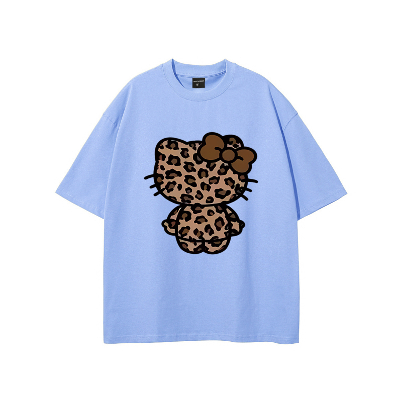 Ameerika stiilis trendikas brändi tänavale mõeldud leoparditrükiga Hellokitty trükiga puhtast puuvillast lühikeste varrukatega T-särk unisex tänavale mõeldud lahtise lõikega paaridele mõeldud T-särk